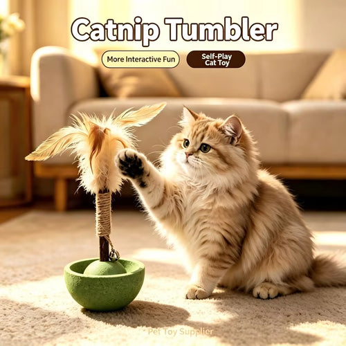 Natural Catnip Tumbler Cat Toy with Feather & Bell Interactive Self Amusement Pet Toy Durable Kitten Playing Toy for Indoor Cats