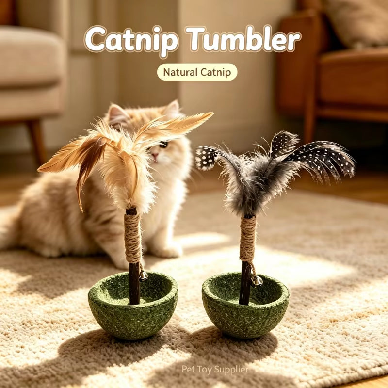Natural Catnip Tumbler Cat Toy with Feather & Bell Interactive Self Amusement Pet Toy Durable Kitten Playing Toy for Indoor Cats