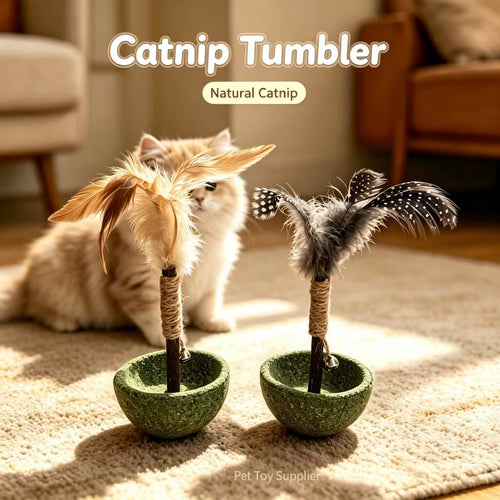Natural Catnip Tumbler Cat Toy with Feather & Bell Interactive Self Amusement Pet Toy Durable Kitten Playing Toy for Indoor Cats