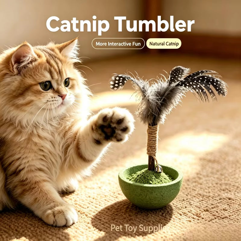 Natural Catnip Tumbler Cat Toy with Feather & Bell Interactive Self Amusement Pet Toy Durable Kitten Playing Toy for Indoor Cats